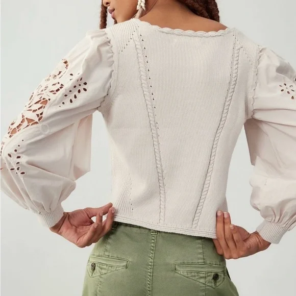 NWoT By Anthropologie Cutwork Puff-Sleeve Sweater women color pearl size Small - Picture 4 of 16